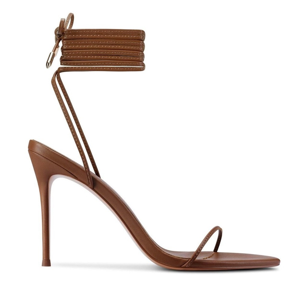 FEMME LA Brown Leather Wrap-Ankle Stiletto Heels